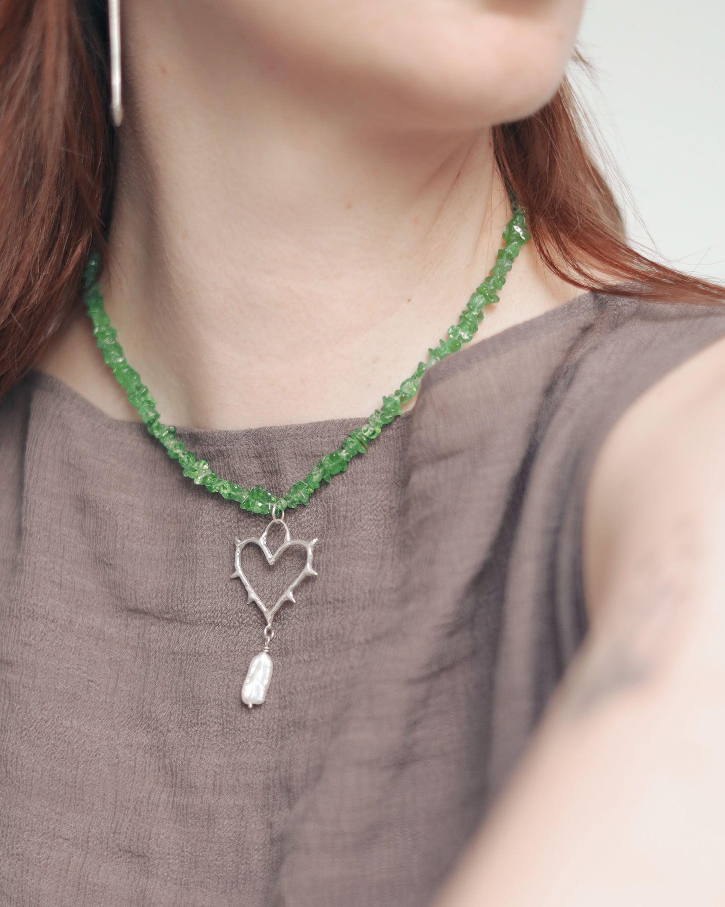 Sterling Silver Peridot & Pearl Cold Hearted Necklace