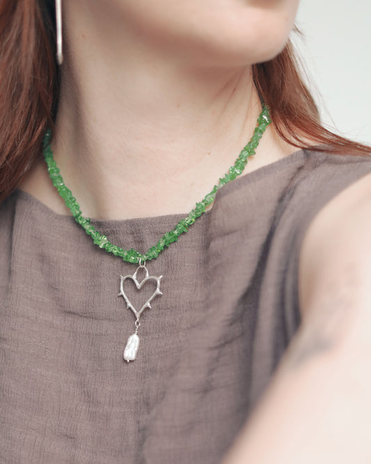 Sterling Silver Peridot & Pearl Cold Hearted Necklace