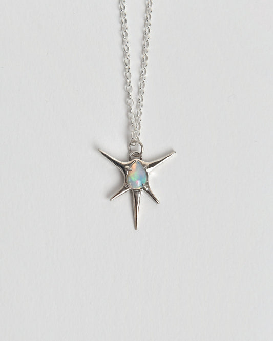 The Opal Light Pendant from Evie Spicer Jewellery comes in recycled sterling silver, front view.