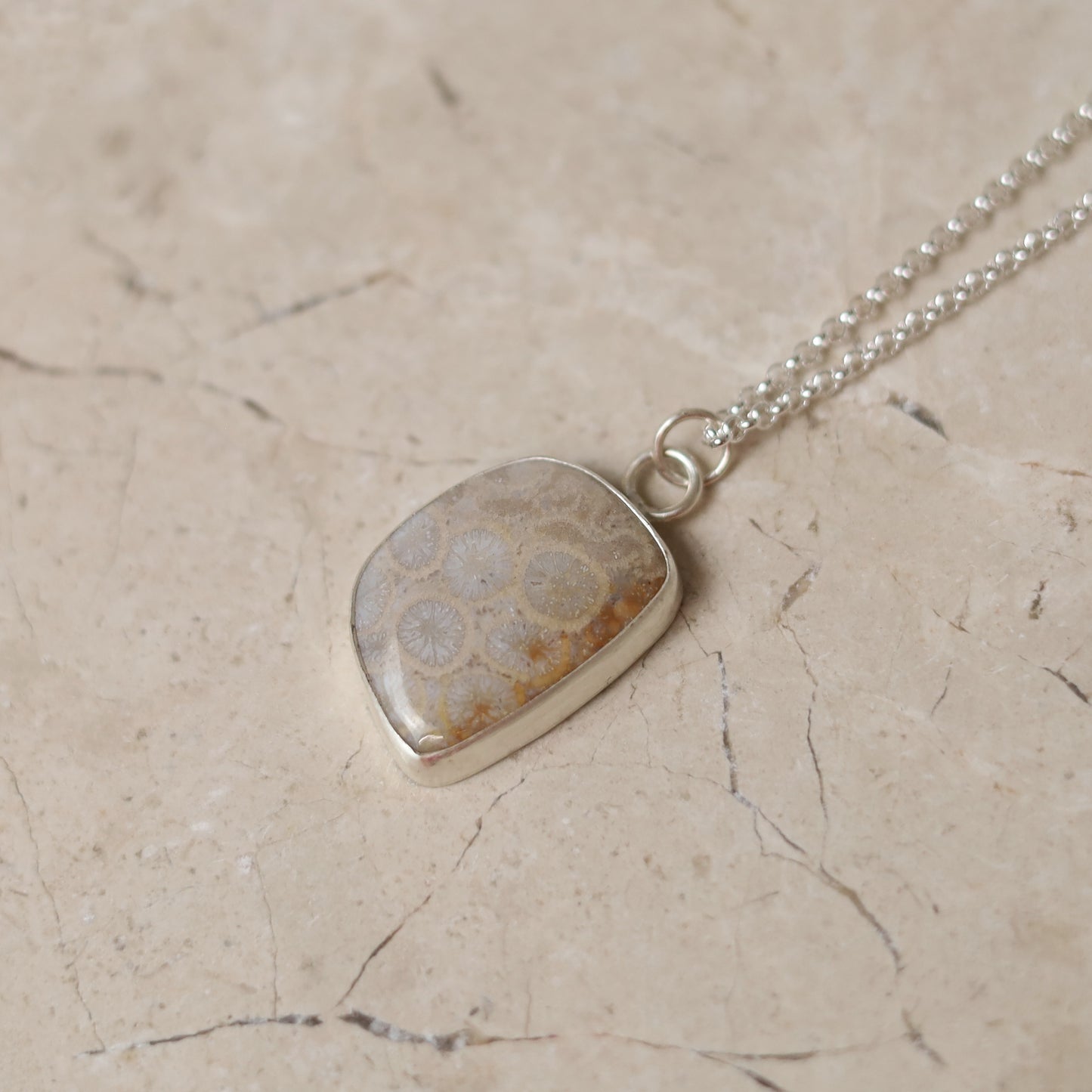 Sterling Silver Pale Fossilised Coral Pendant