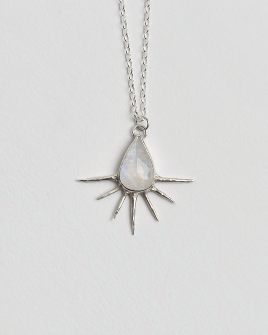 The Moonstone Dawn Pendant from Evie Spicer Jewellery comes in recycled sterling silver, front view.